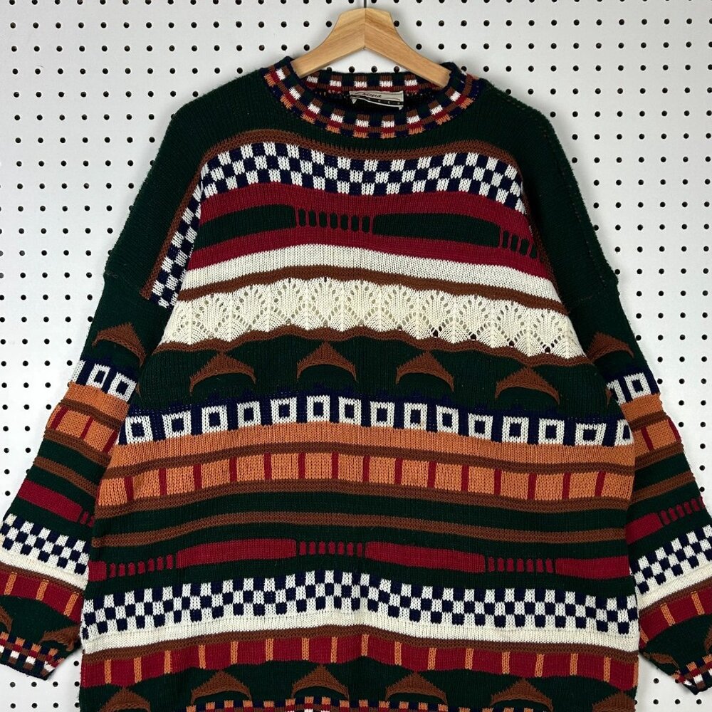 Diana Marco COOGI STYLE Sweater Women's XL Colorful 90s Hip Hop Brown Green Y2K - Picture 2 of 6